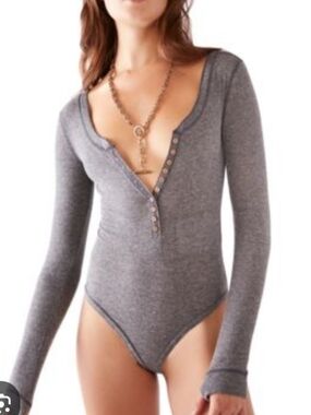 Free People Grey Long-Sleeve Henley Bodysuit